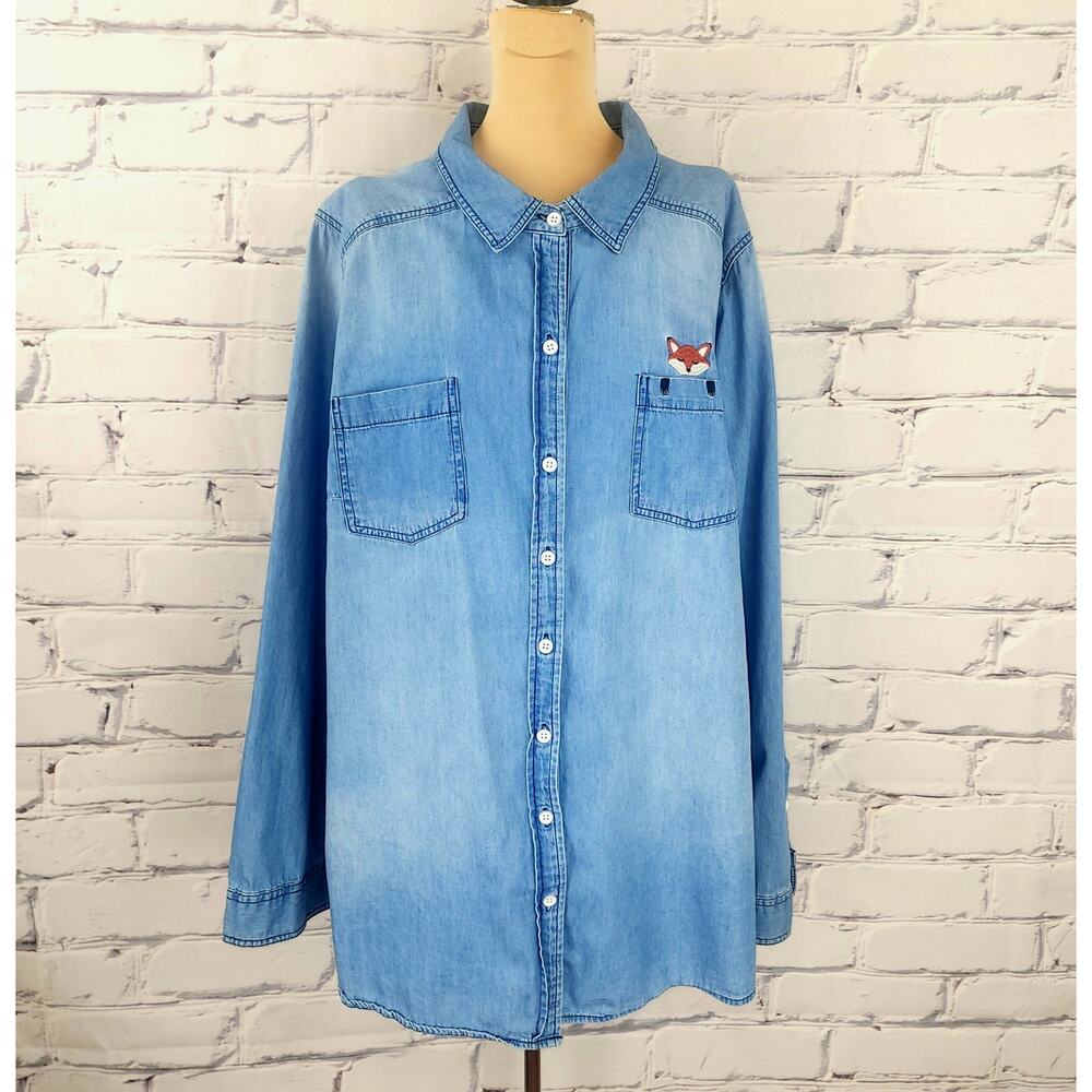 Torrid Shirt Fox In the Pocket Button Up‎ Chambray Denim Classic Fit